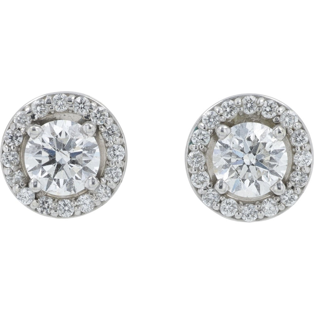 14K White Gold Halo Stud Earrings with Round Brilliant Cut Diamonds - 1.32 Carat Total Diamond Weight