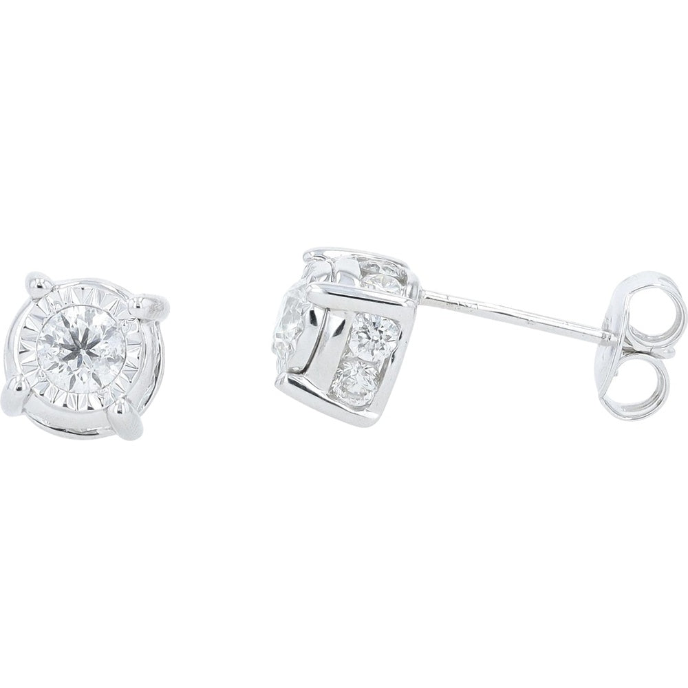 14K White Gold Halo Stud Earrings with Round Center Diamonds and Milgrain Detail - 1.00 Carat Total Diamond Weight