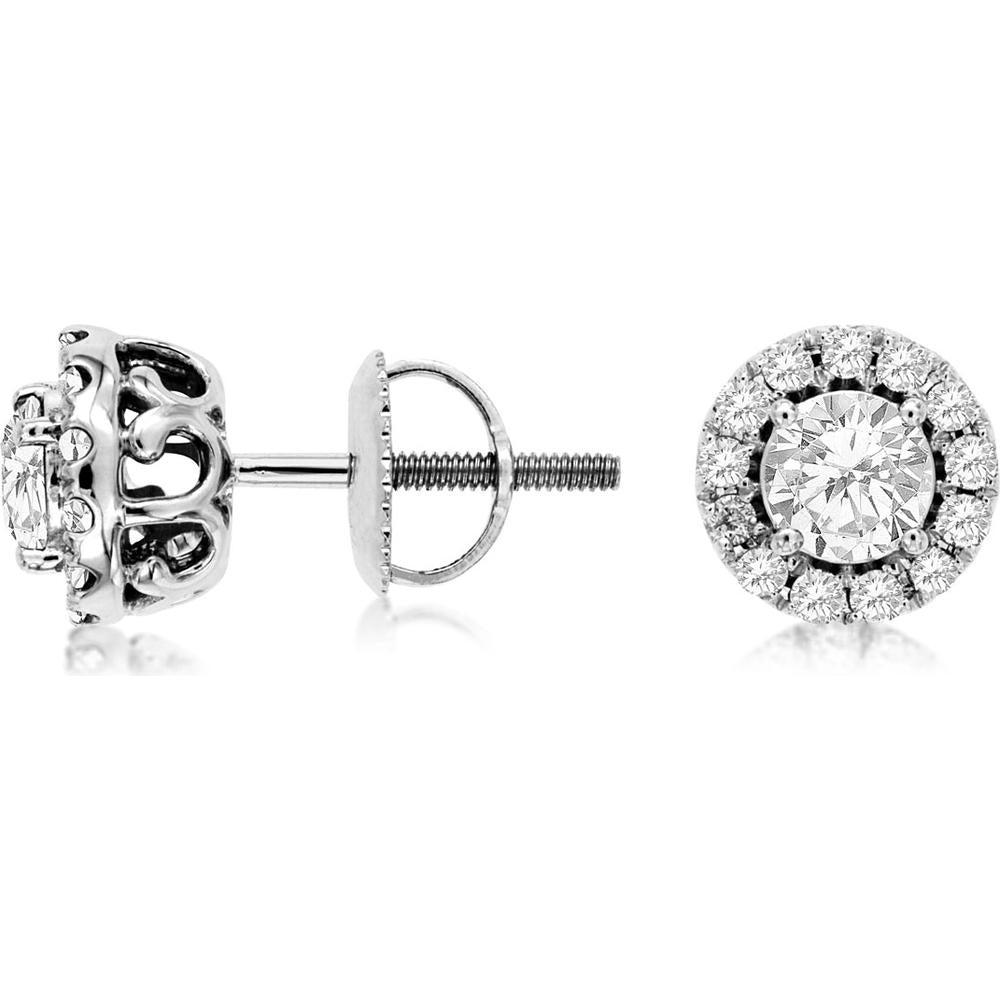14K White Gold Halo Stud Earrings with Round Diamonds and Screw Back Posts - 0.90 Carat Total Diamond Weight - Royal Jewelry
