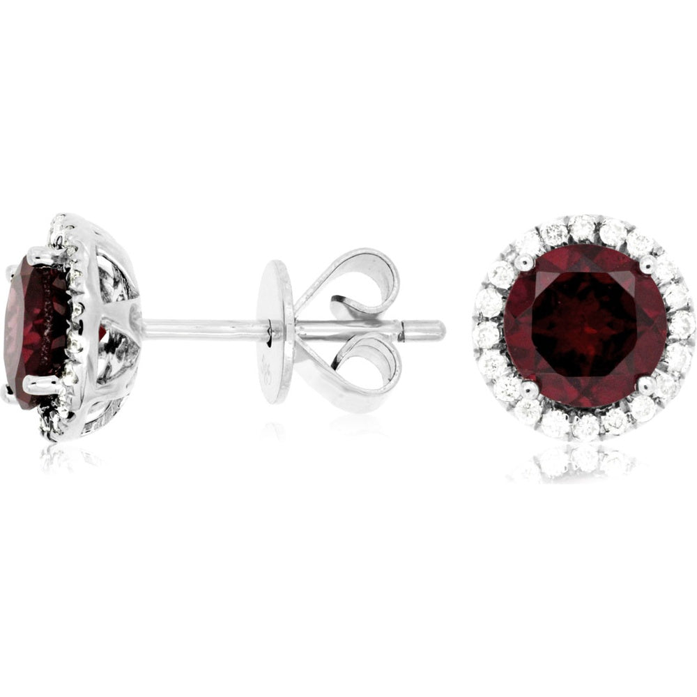 14K White Gold Halo Stud Earrings with Round Garnet and Round Diamonds - 1.80 Carat Total Garnet Weight and 0.15 Carat Total Diamond Weight - Royal Jewelry