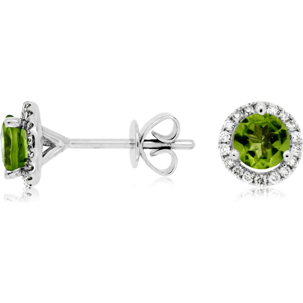 14K White Gold Halo Stud Earrings with Round Peridot and Pavé Diamonds - 0.85 Carat Total Peridot Weight and 0.14 Carat Total Diamond Weight - Royal Jewelry