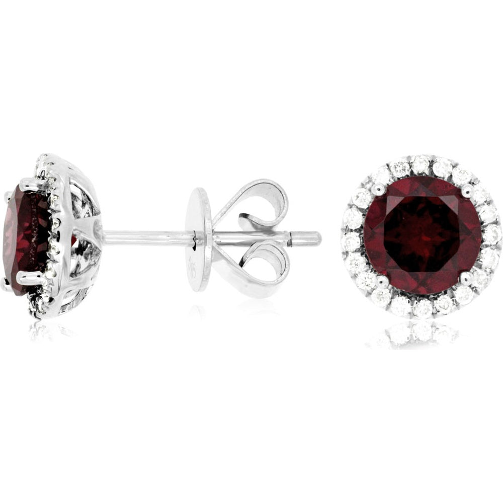 14K White Gold Halo Stud Earrings with Round Rhodolite and Diamond Accent - 2.00 Carat Total Rhodolite Weight and 0.16 Carat Total Diamond Weight - Royal Jewelry