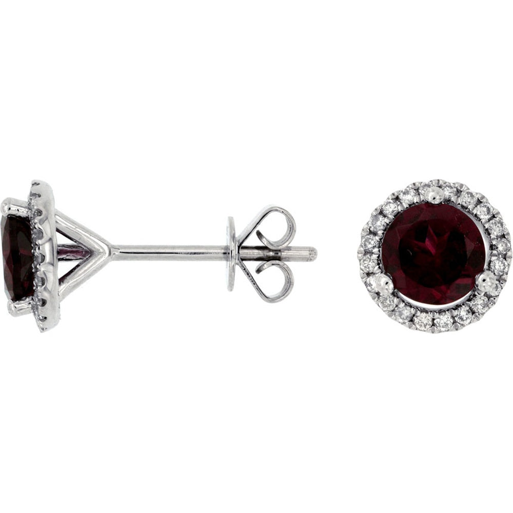 14K White Gold Halo Stud Earrings with Round Rhodolite Garnets and Diamond Accents - 1.60 Carat Total Rhodolite Weight and 0.16 Carat Total Diamond Weight - Royal Jewelry