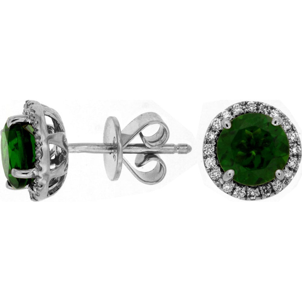 14K White Gold Halo Stud Earrings with Round Russalite and Diamond Accents - 2.00 Carat Total Russalite Weight, 0.16 Carat Total Diamond Weight - Royal Jewelry