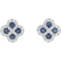 14K White Gold Halo Stud Earrings with Round Sapphires and Diamonds - 1.25 Carat Total Sapphire Weight and 0.65 Carat Total Diamond Weight