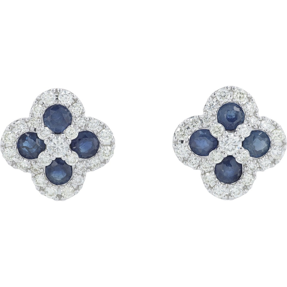 14K White Gold Halo Stud Earrings with Round Sapphires and Diamonds - 1.25 Carat Total Sapphire Weight and 0.65 Carat Total Diamond Weight