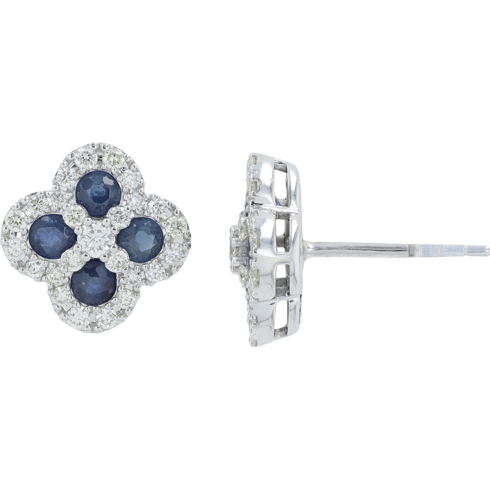 14K White Gold Halo Stud Earrings with Round Sapphires and Diamonds - 1.25 Carat Total Sapphire Weight and 0.65 Carat Total Diamond Weight
