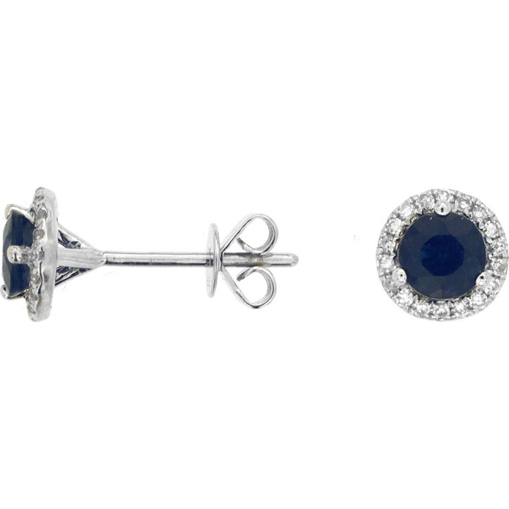 14K White Gold Halo Stud Earrings with Round Sapphires and Round Diamonds - 0.90 Carat Total Sapphire Weight and 0.14 Carat Total Diamond Weight - Royal Jewelry
