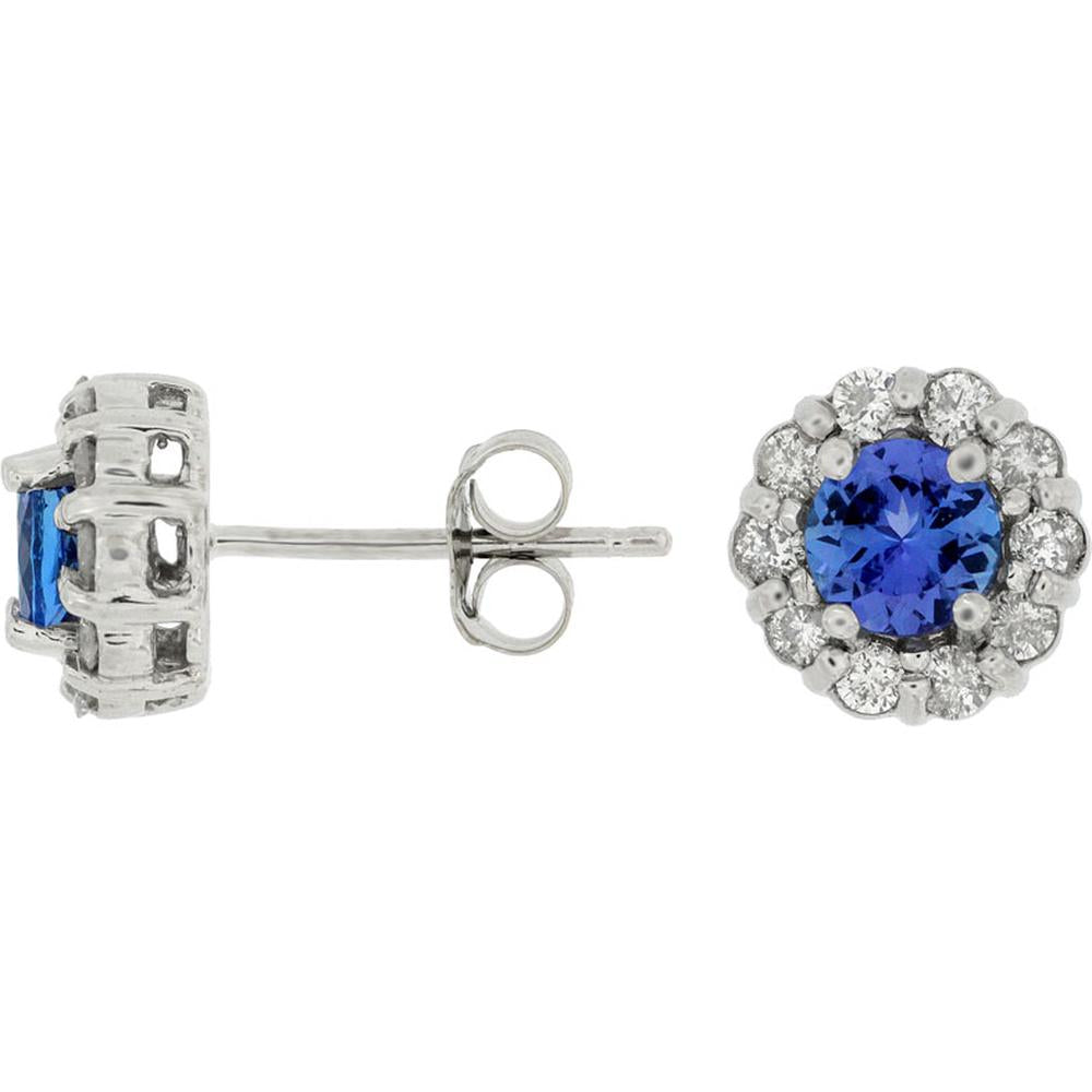14K White Gold Halo Stud Earrings with Round Tanzanite (0.95 Carat Total) and Round Diamond Accents (0.40 Carat Total) – Princess Di Style with Friction Backs - Royal Jewelry