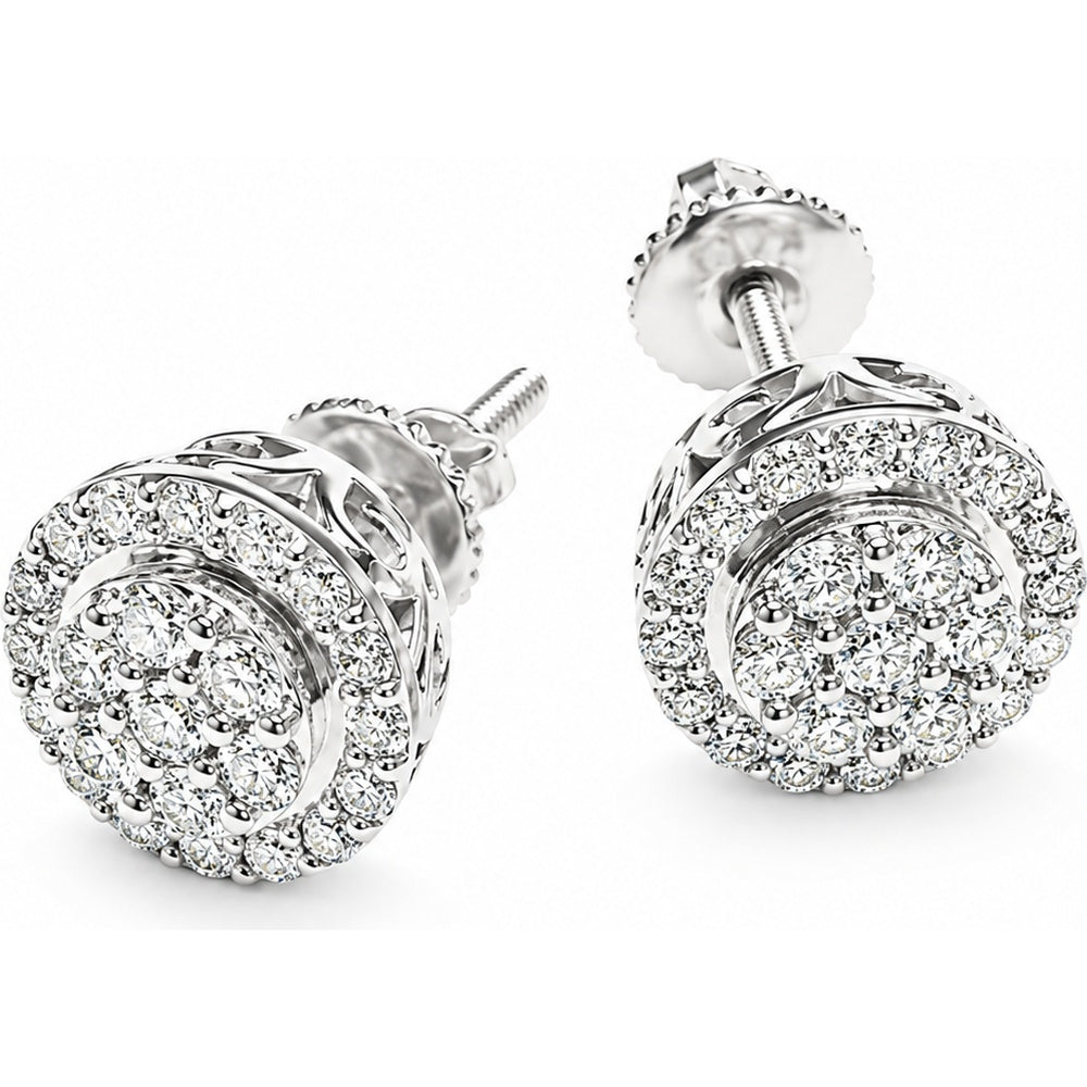 14K White Gold Halo Stud Earrings with Screw Backs and Milgrain Detail Featuring Round Diamonds - 1.07 Carat Total Diamond Weight by Auriventus