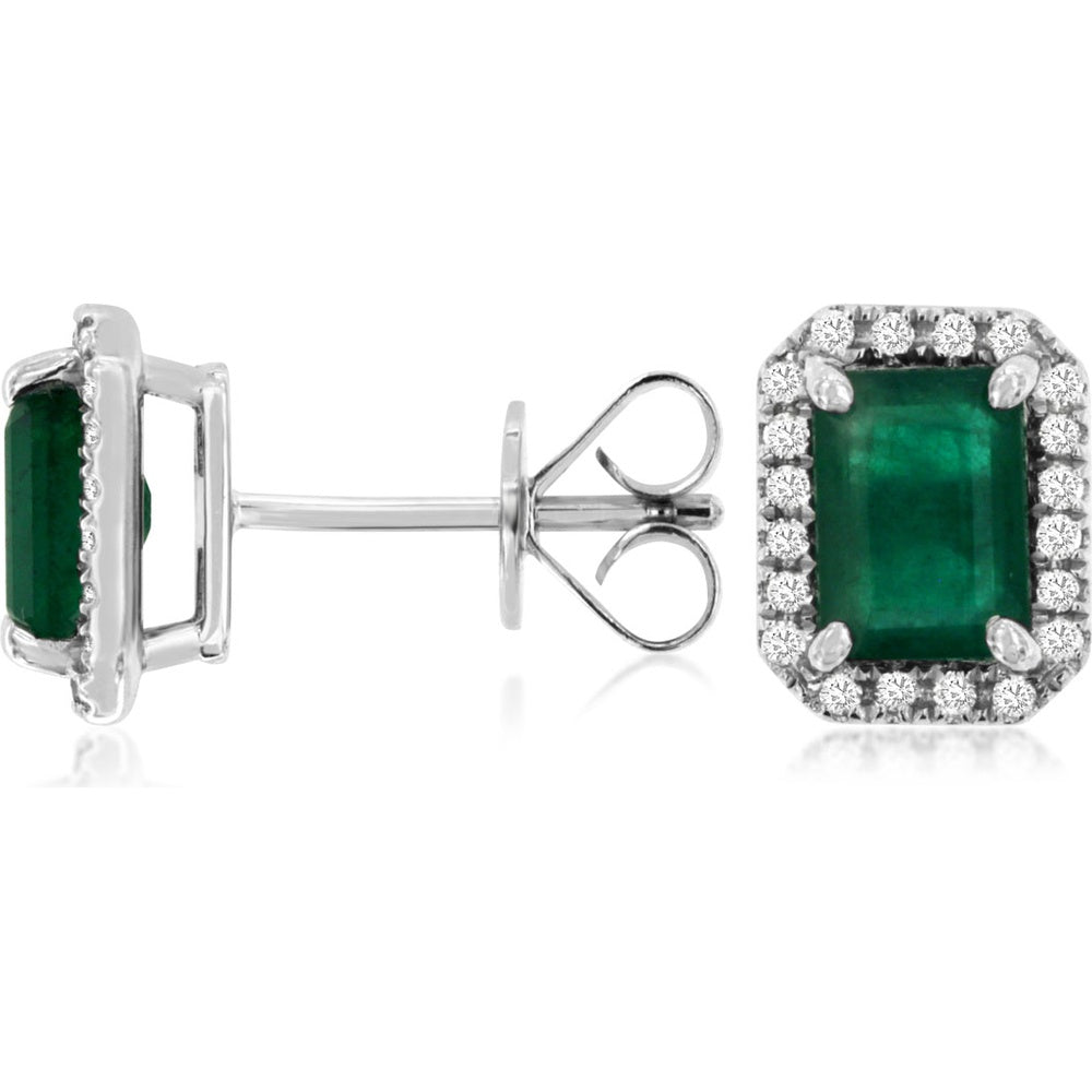 14K White Gold Halo Stud Earrings with Step-Cut Emeralds and Round Diamonds - 2.00 Carat Total Emerald Weight and 0.20 Carat Total Diamond Weight - Royal Jewelry