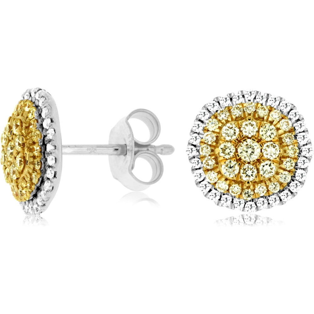 14K White Gold Halo Stud Earrings with Yellow Diamond Center and White Diamond Accent - 0.70 Carat Total Diamond Weight - Royal Jewelry