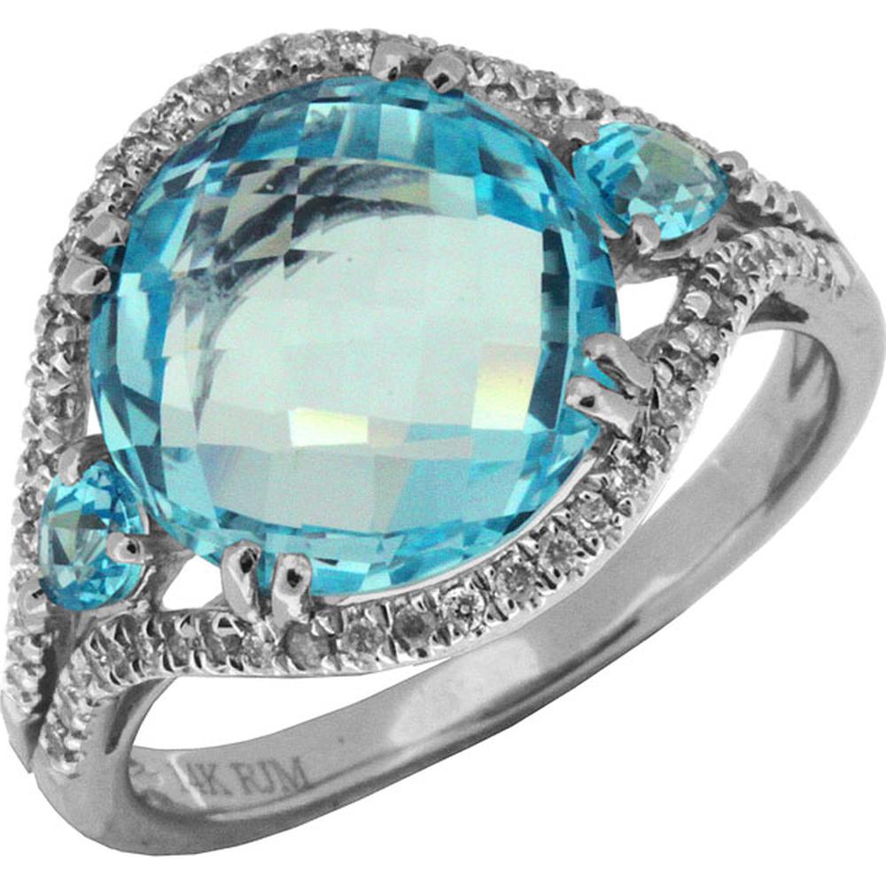 14K White Gold Halo Style Split Shank Ring with 7.00 Carat Oval Blue Topaz and 0.18 Carat Round Diamond Accents - Royal Jewelry