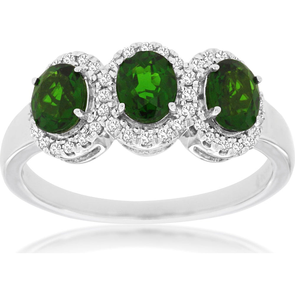 14K White Gold Halo Trilogy Ring with Three Oval-Cut Russalite Gemstones and 0.16 Carat Diamond Accents - Royal Jewelry