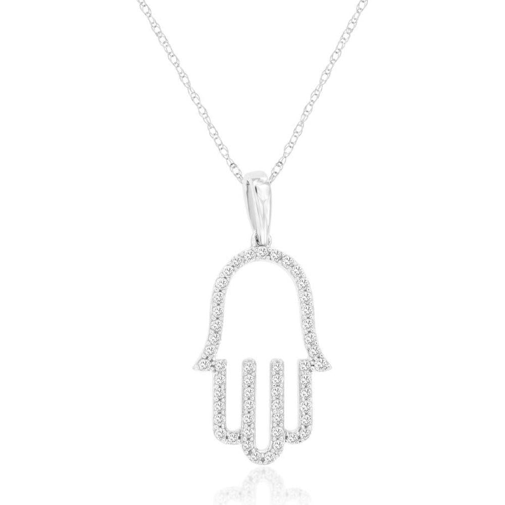14K White Gold Hamsa Hand Motif Pendant with Pavé Set Round Diamonds - 0.25 Carat Total Diamond Weight on Cable Chain - Royal Jewelry