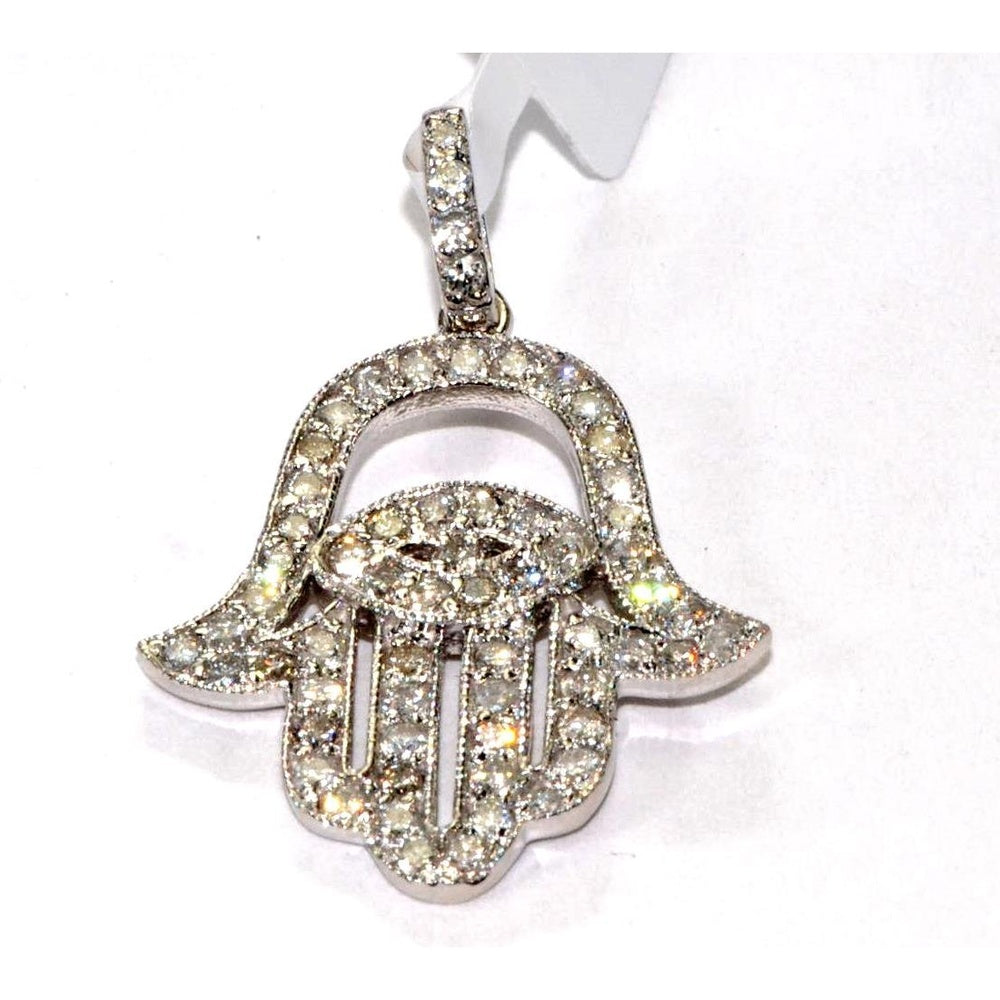 14K White Gold Hamsa Hand Pendant with Prong Set Round Diamonds - 0.65 Carat Total Diamond Weight by Auriventus