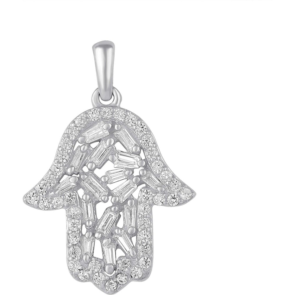 14K White Gold Hamsa Pendant with Pavé Round and Baguette Diamonds - 0.36 Carat Total Diamond Weight by Auriventus