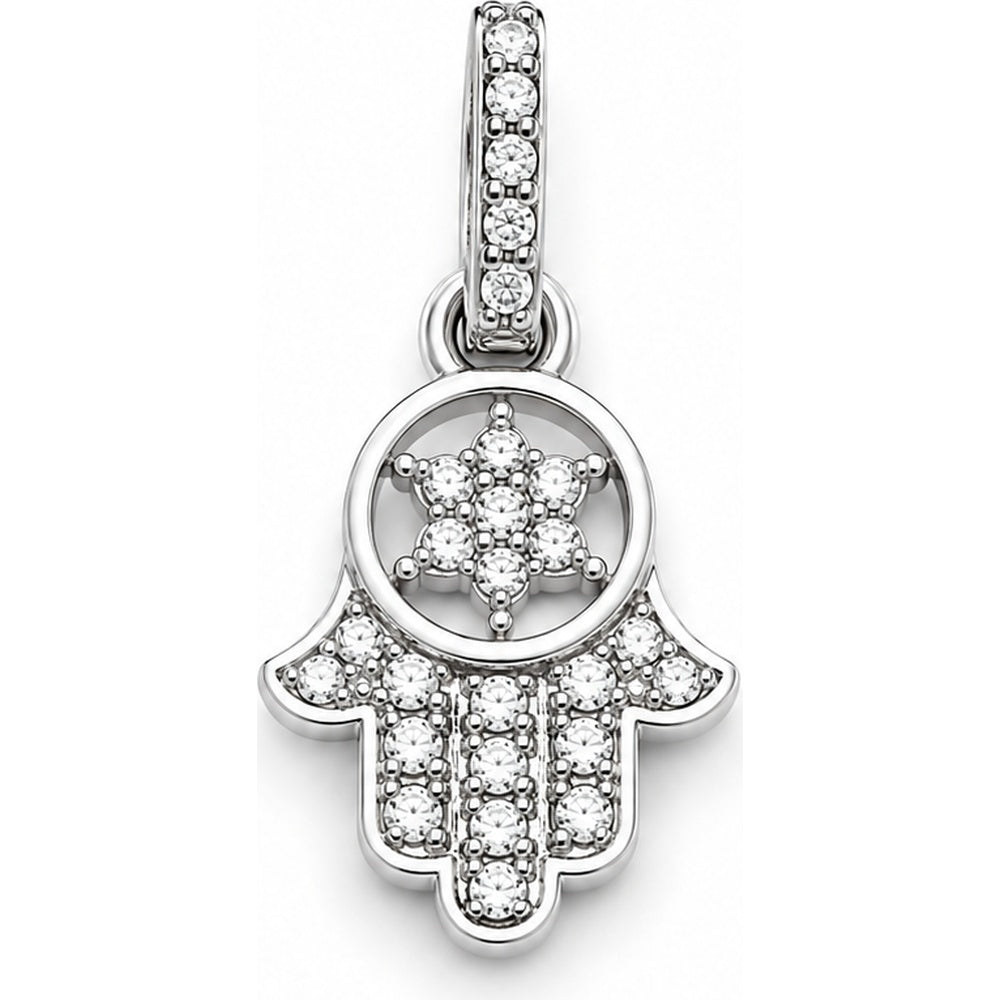 14K White Gold Hamsa Pendant with Pave-Set Round Diamonds and Star Motif - 0.11 Carat Total Diamond Weight by Auriventus