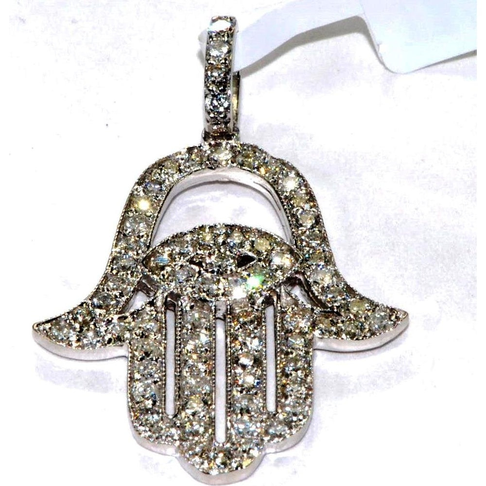 14K White Gold Hamsa Pendant with Prong-Set Round Diamonds and Milgrain Detail - 1.12 Carat Total Diamond Weight by Auriventus