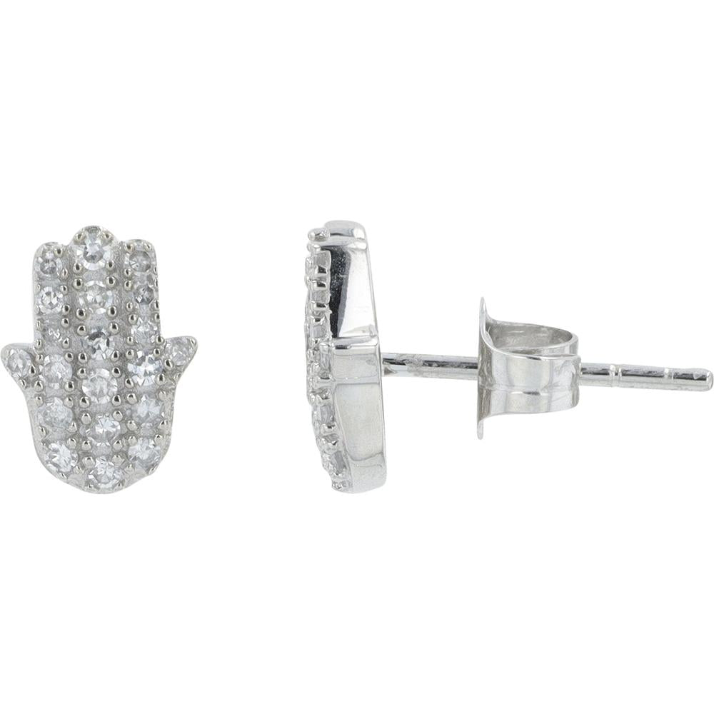 14K White Gold Hamsa Stud Earrings with Pavé Diamonds - 0.20 Carat Total Diamond Weight