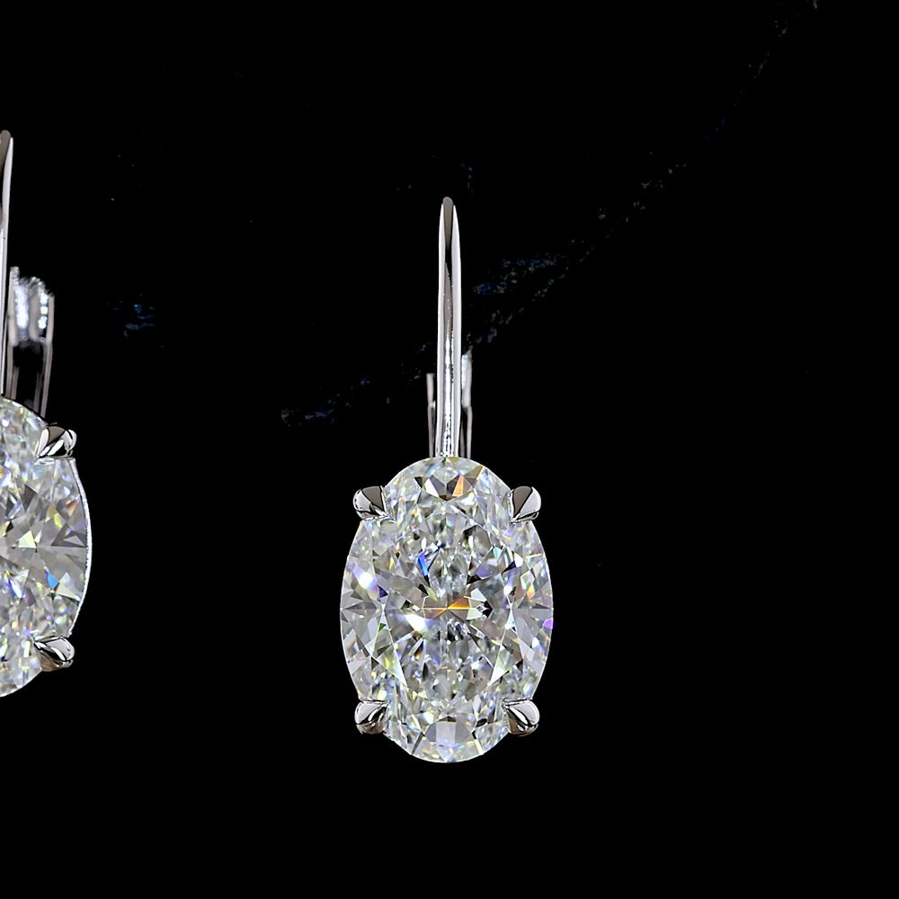 14K White Gold Hanging Drop Earrings with 2.01 Carat Oval Cut Lab Diamonds Each and Round Diamond Accents - 4.16 Carat Total Diamond Weight - Covaloro Fine Jewelry