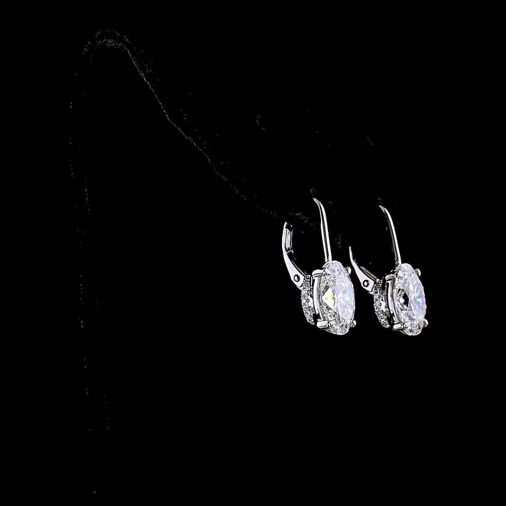 14K White Gold Hanging Drop Earrings with 2.01 Carat Oval Cut Lab Diamonds Each and Round Diamond Accents - 4.16 Carat Total Diamond Weight - Covaloro Fine Jewelry