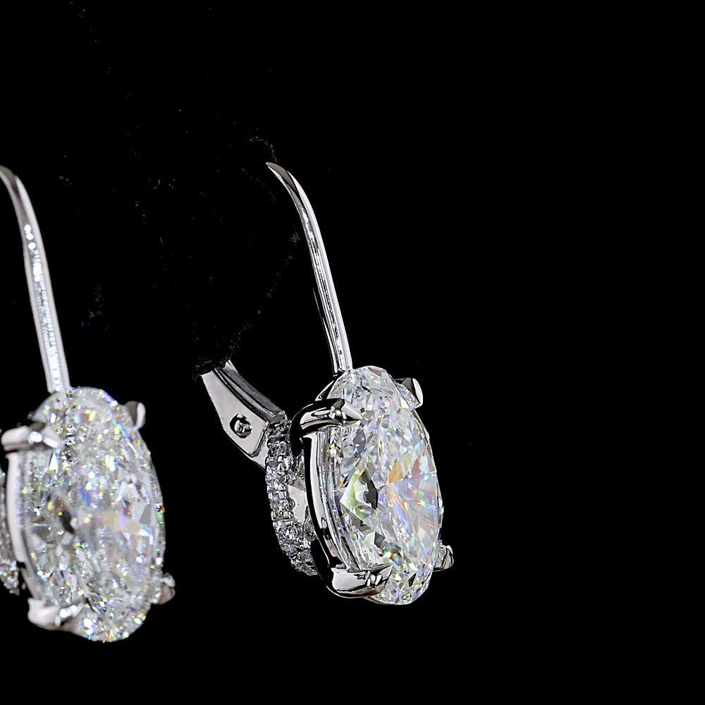 14K White Gold Hanging Drop Earrings with 2.01 Carat Oval Cut Lab Diamonds Each and Round Diamond Accents - 4.16 Carat Total Diamond Weight - Covaloro Fine Jewelry