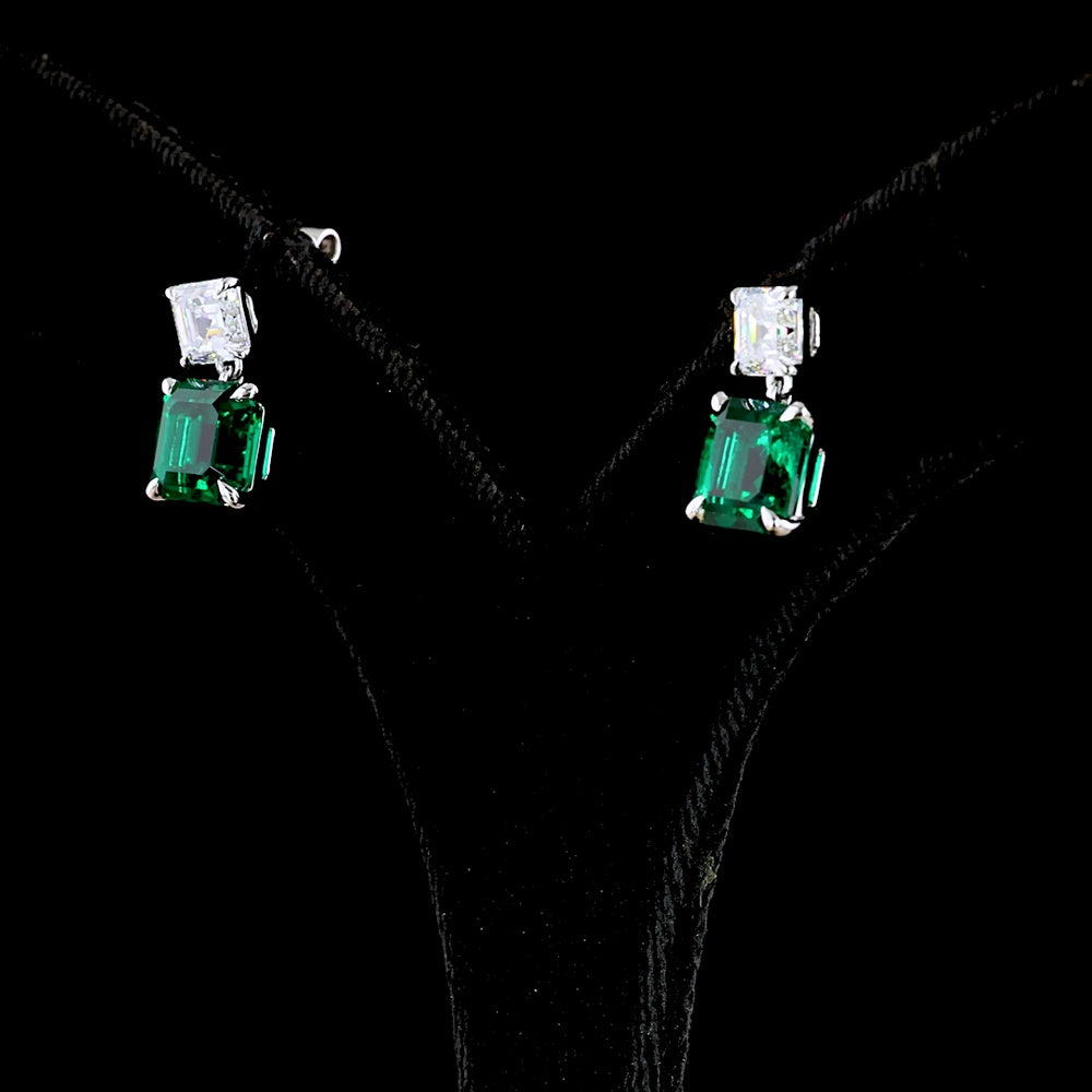 14K White Gold Hanging Drop Earrings with Asscher Cut Lab-Grown Green Emeralds and Asscher Cut White Stones - 5.75 Carat Total Gem Weight - Covaloro Fine Jewelry