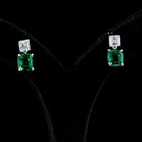 14K White Gold Hanging Drop Earrings with Asscher Cut Lab-Grown Green Emeralds and Asscher Cut White Stones - 5.75 Carat Total Gem Weight - Covaloro Fine Jewelry