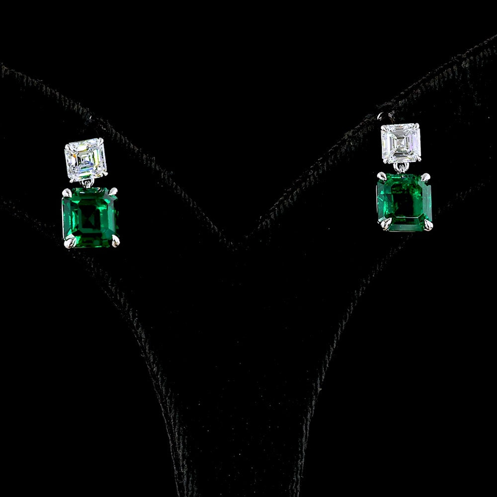 14K White Gold Hanging Drop Earrings with Asscher Cut Lab-Grown Green Emeralds and Asscher Cut White Stones - 5.75 Carat Total Gem Weight - Covaloro Fine Jewelry