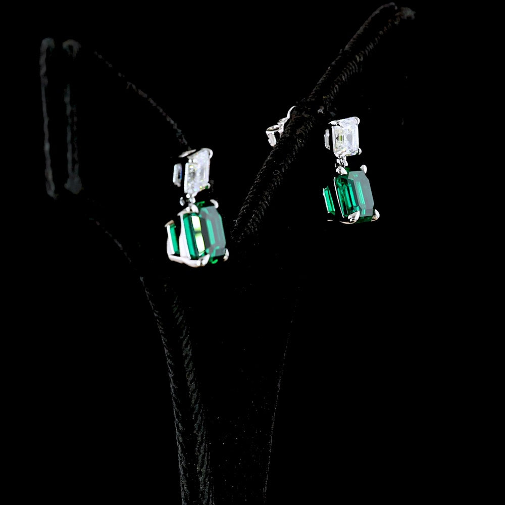 14K White Gold Hanging Drop Earrings with Asscher Cut Lab-Grown Green Emeralds and Asscher Cut White Stones - 5.75 Carat Total Gem Weight - Covaloro Fine Jewelry