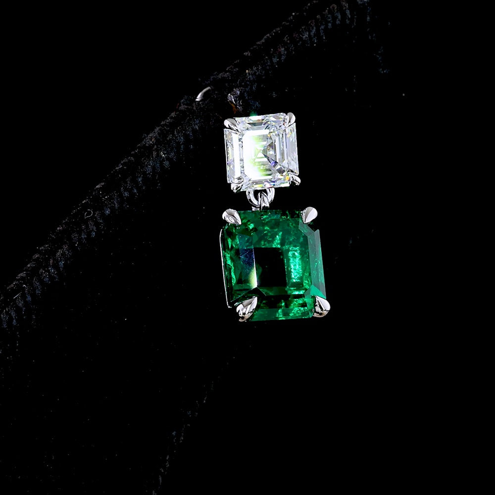 14K White Gold Hanging Drop Earrings with Asscher Cut Lab-Grown Green Emeralds and Asscher Cut White Stones - 5.75 Carat Total Gem Weight - Covaloro Fine Jewelry