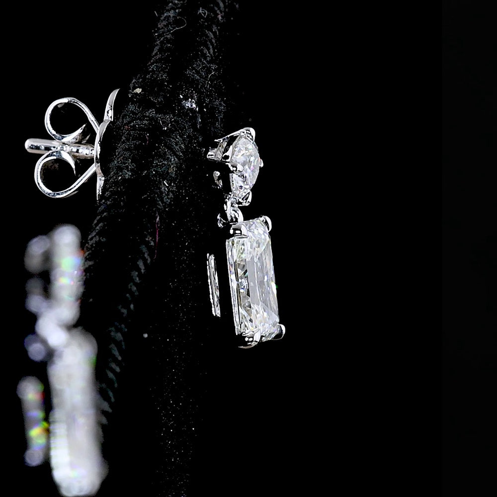 14K White Gold Hanging Drop Earrings with Radiant Cut Lab Diamonds and Brilliant Cut Accents - 1.73 Carats Total Diamond Weight - Covaloro Fine Jewelry