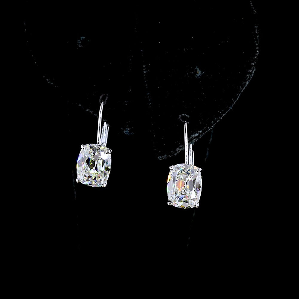 14K White Gold Hanging Earrings with Antique Cushion Cut Lab Diamonds - 4.14 Carat Total Weight, E-F VS1 Clarity - Covaloro Fine Jewelry