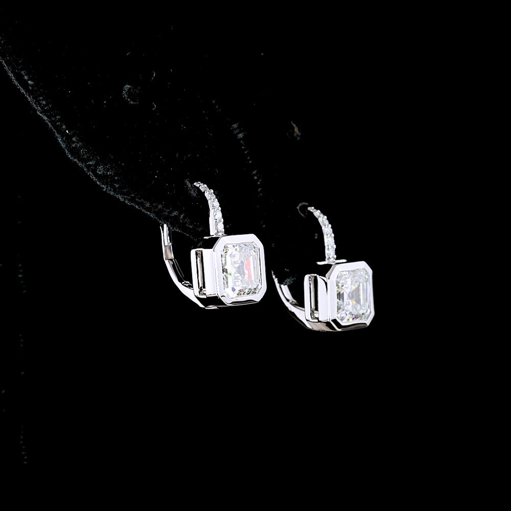 14K White Gold Hanging Earrings with Bezel Set Asscher Cut Lab Diamonds and Brilliant Round Accents - 3.18 Carats Total Diamond Weight - Covaloro Fine Jewelry