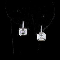14K White Gold Hanging Earrings with Bezel Set Asscher Cut Lab Diamonds and Brilliant Round Accents - 3.18 Carats Total Diamond Weight - Covaloro Fine Jewelry