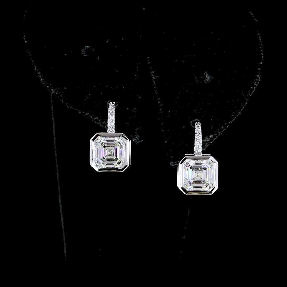 14K White Gold Hanging Earrings with Bezel Set Asscher Cut Lab Diamonds and Brilliant Round Accents - 3.18 Carats Total Diamond Weight - Covaloro Fine Jewelry