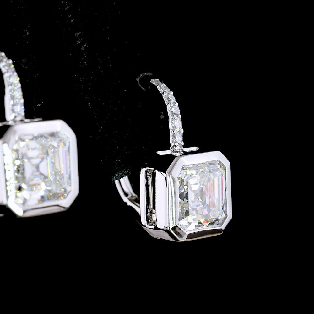 14K White Gold Hanging Earrings with Bezel Set Asscher Cut Lab Diamonds and Brilliant Round Accents - 3.18 Carats Total Diamond Weight - Covaloro Fine Jewelry