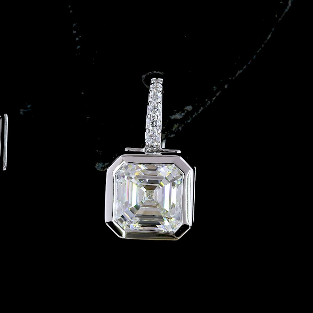 14K White Gold Hanging Earrings with Bezel Set Asscher Cut Lab Diamonds and Brilliant Round Accents - 3.18 Carats Total Diamond Weight - Covaloro Fine Jewelry