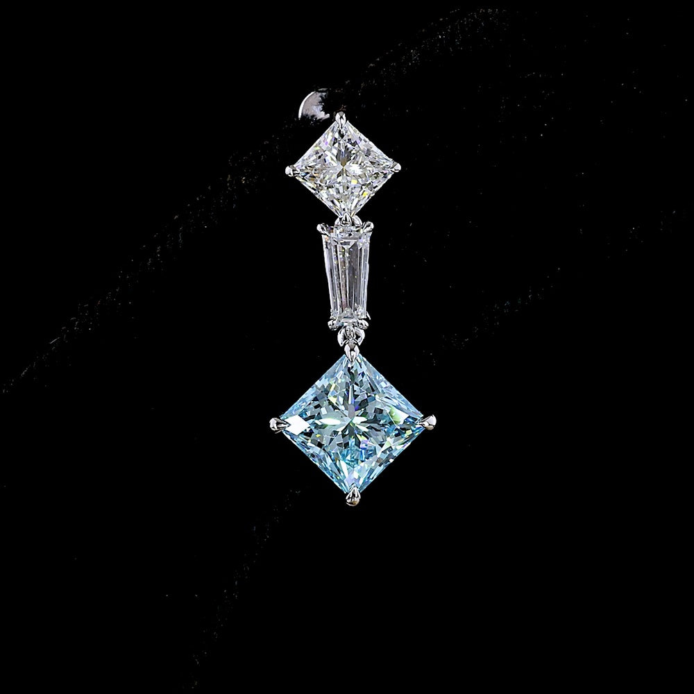 14K White Gold Hanging Earrings with Princess Cut Fancy Vivid Blue Lab Diamonds and Tapered Baguette Accents - 4.48 Carats Total Diamond Weight - Covaloro Fine Jewelry