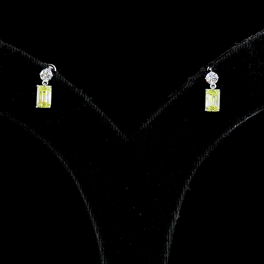 14K White Gold Hanging Earrings with Round Brilliant and Emerald Cut Fancy Vivid Yellow Lab Diamonds - 1.14 Carat Total Weight - Covaloro Fine Jewelry