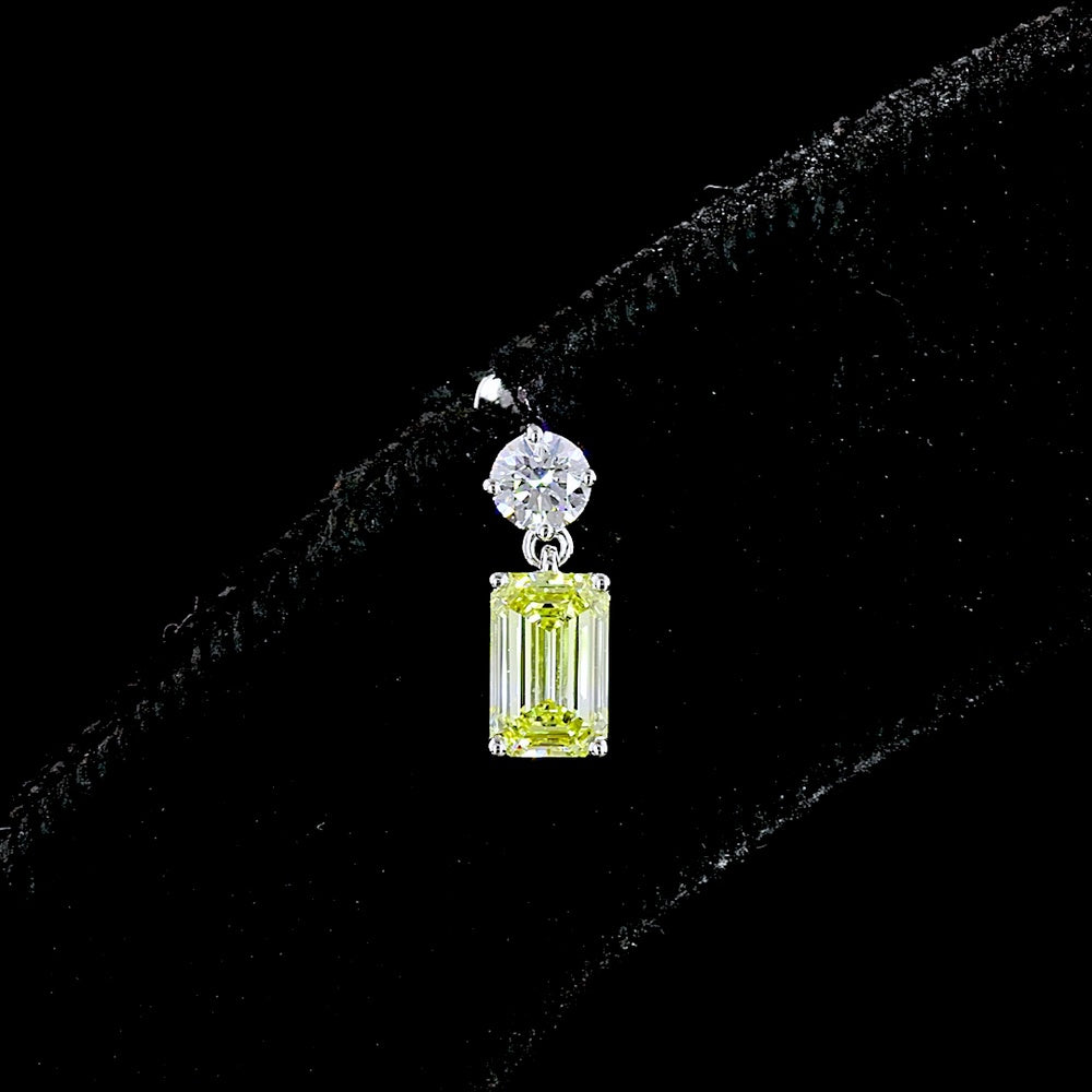 14K White Gold Hanging Earrings with Round Brilliant and Emerald Cut Fancy Vivid Yellow Lab Diamonds - 1.14 Carat Total Weight - Covaloro Fine Jewelry