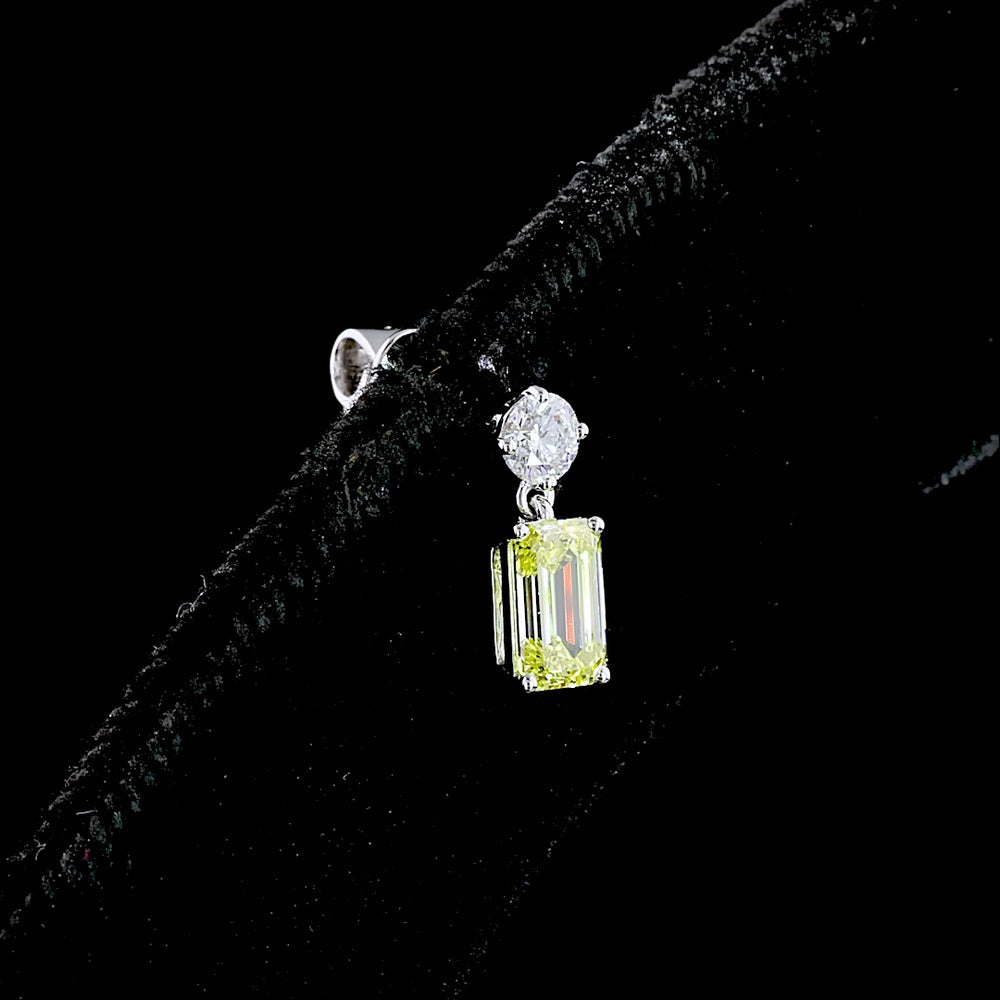 14K White Gold Hanging Earrings with Round Brilliant and Emerald Cut Fancy Vivid Yellow Lab Diamonds - 1.14 Carat Total Weight - Covaloro Fine Jewelry