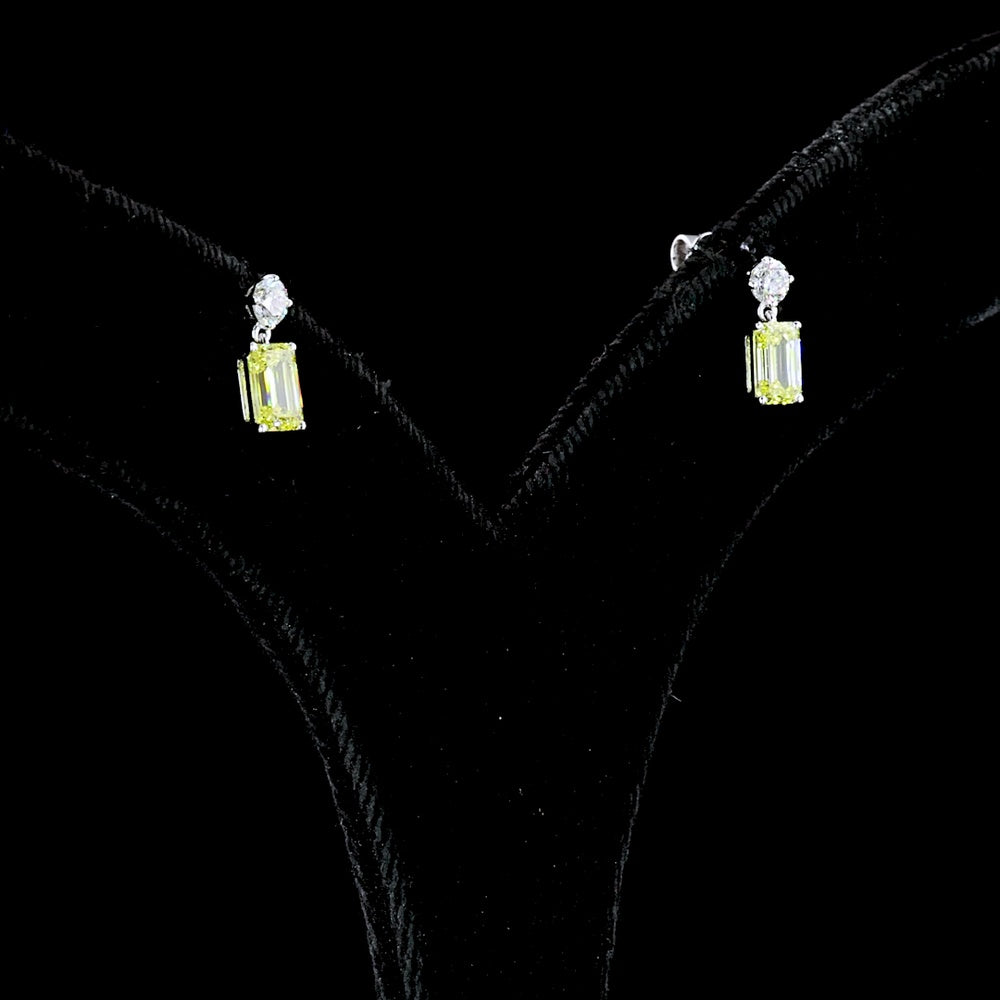 14K White Gold Hanging Earrings with Round Brilliant and Emerald Cut Fancy Vivid Yellow Lab Diamonds - 1.14 Carat Total Weight - Covaloro Fine Jewelry