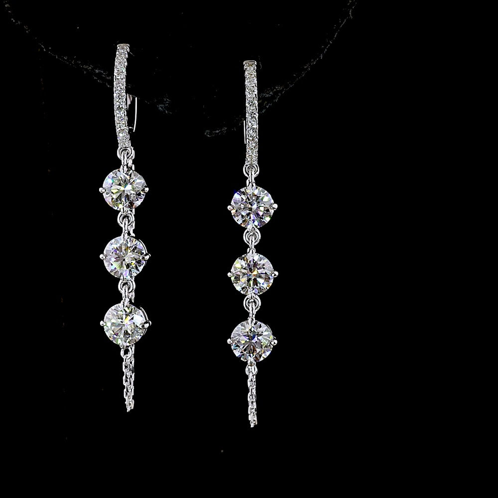 14K White Gold Hanging Earrings with Round Brilliant Cut Lab Diamonds - 3.24 Carats Total Diamond Weight - Covaloro Fine Jewelry