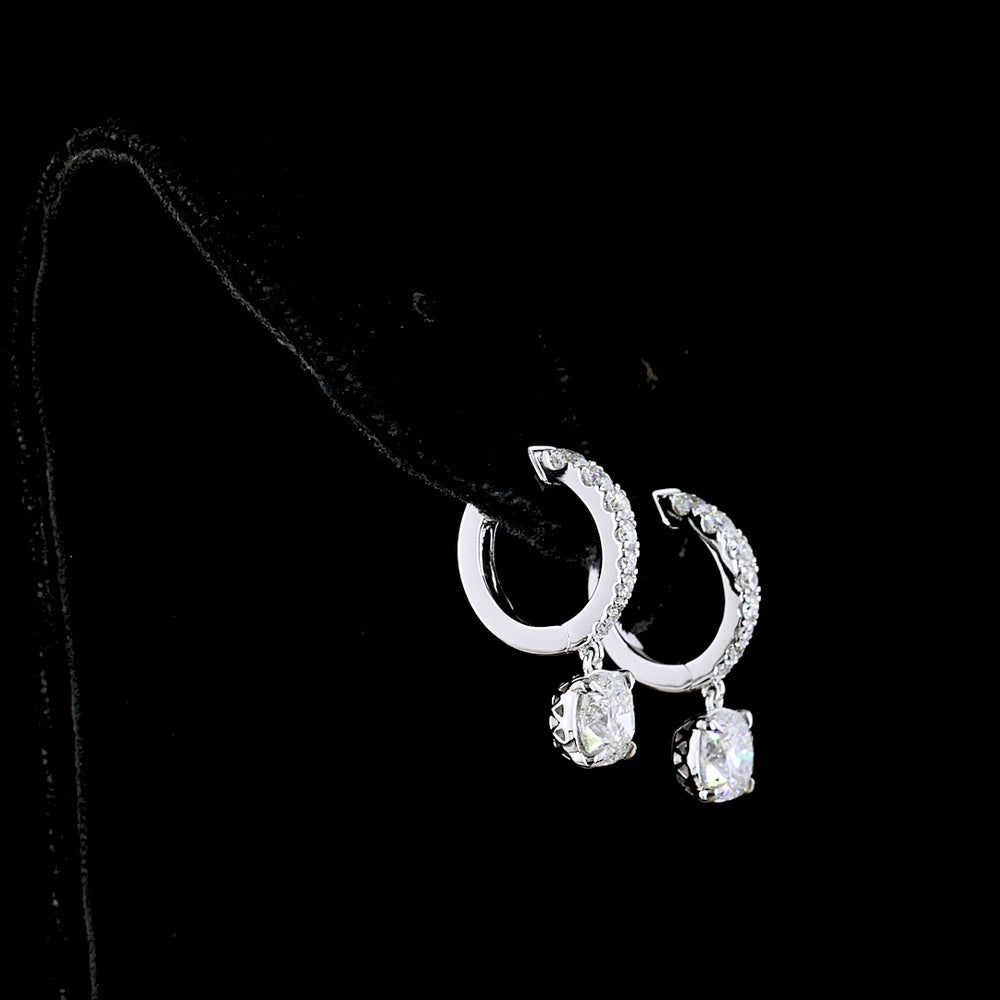 14K White Gold Hanging Hoop Earrings with Cushion Cut Lab Diamonds - 2.64 Carats Total Diamond Weight - Covaloro Fine Jewelry