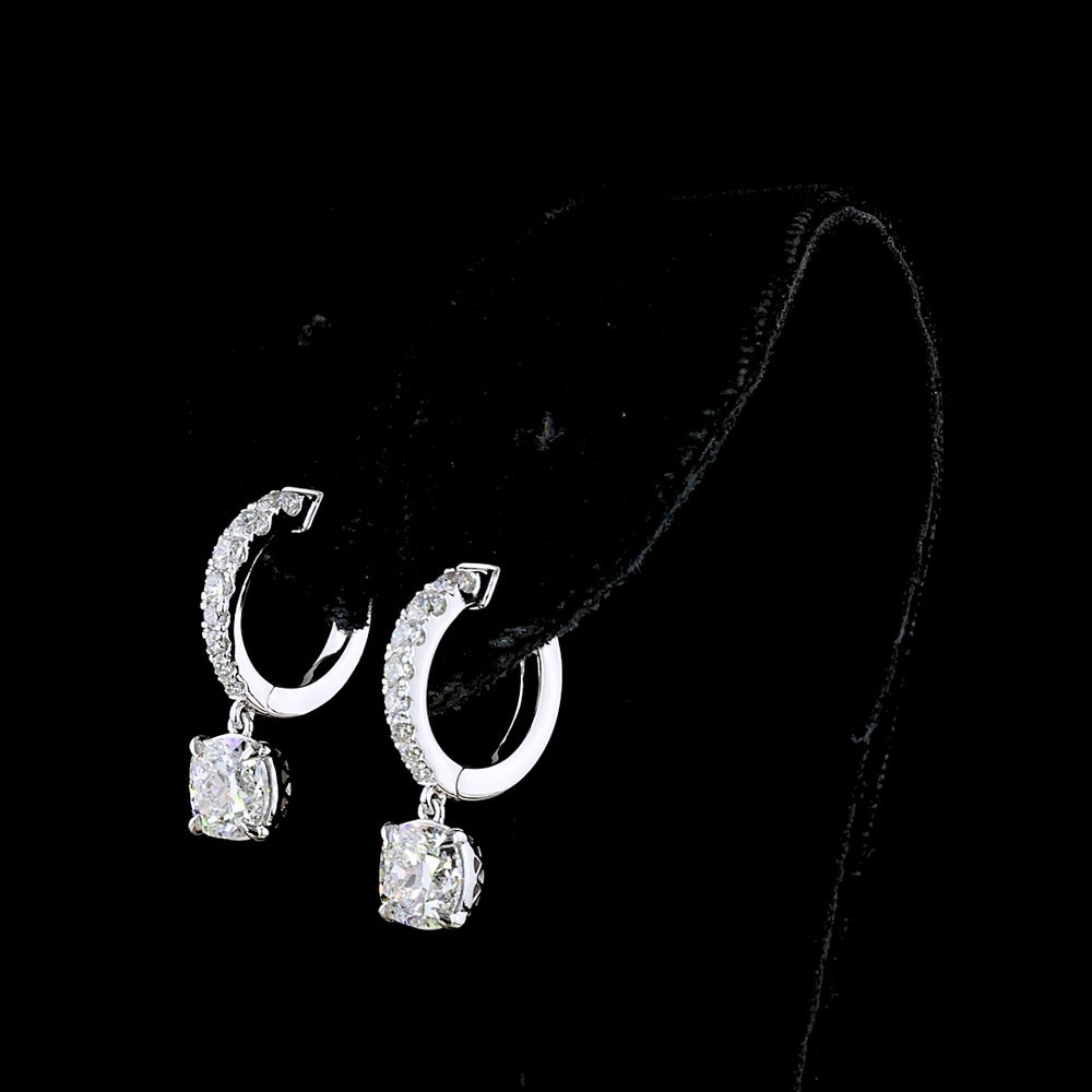 14K White Gold Hanging Hoop Earrings with Cushion Cut Lab Diamonds - 2.64 Carats Total Diamond Weight - Covaloro Fine Jewelry