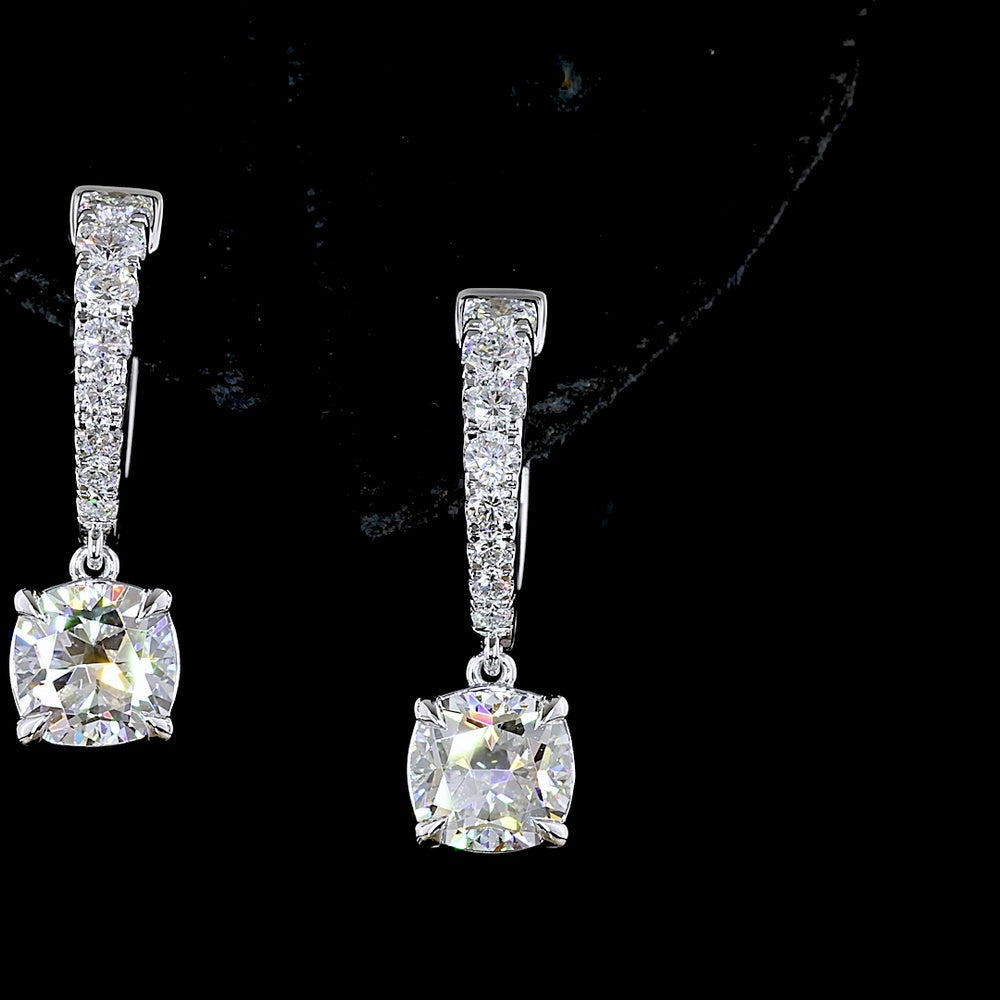 14K White Gold Hanging Hoop Earrings with Cushion Cut Lab Diamonds - 2.64 Carats Total Diamond Weight - Covaloro Fine Jewelry