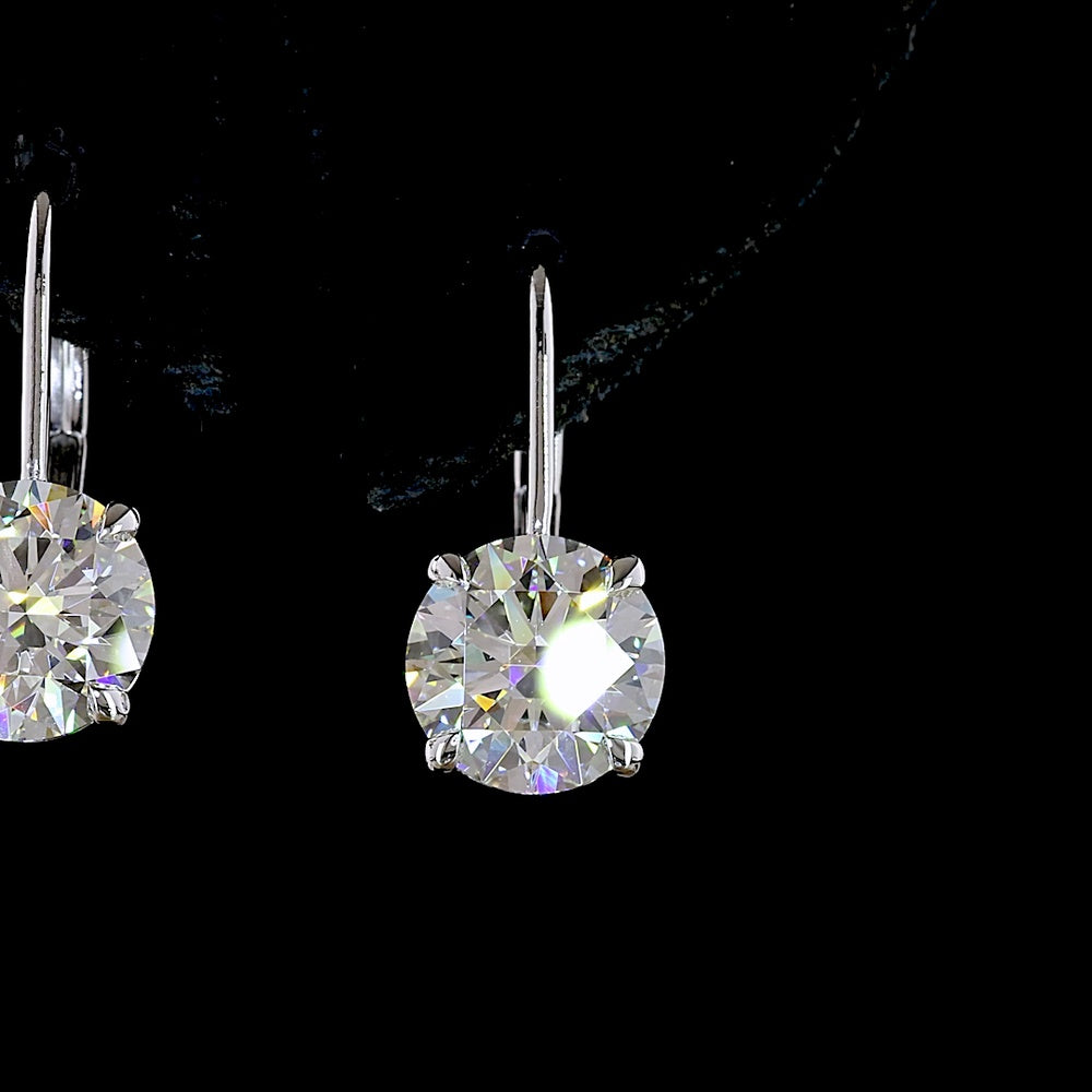 14K White Gold Hanging Lever-Back Earrings with 4.21 Carats Total Weight Round Brilliant Lab Diamonds (F VS1) with Prong Settings - Covaloro Fine Jewelry
