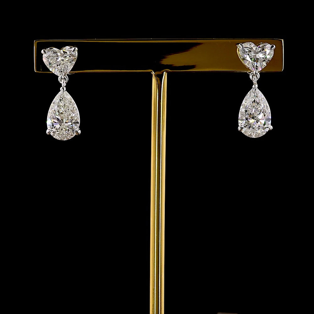 14K White Gold Heart-and-Pear Diamond Drop Earrings - 4.74 Carat Total Weight, Lab-Grown D-E VVS1-VS1 IGI Certified - Covaloro Fine Jewelry